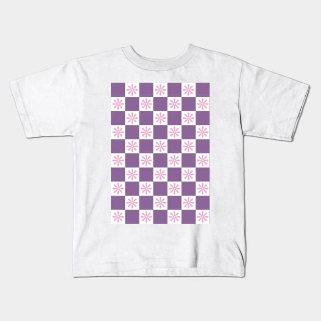 Retro Purple, Pink Checkered Floral Pattern Kids T-Shirt by Just a Cute World